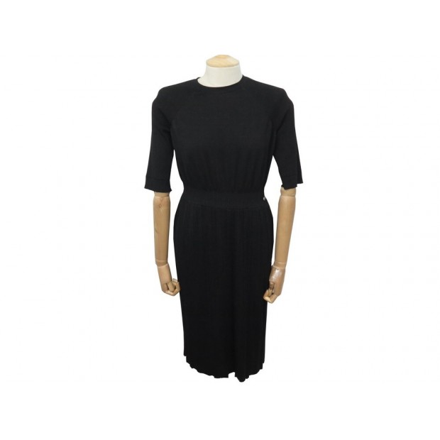 NEUF ROBE CHANEL BOUTONS LOGO CCP55357 42 L EN LAINE NOIR PAILLETTE DRESS 4690€