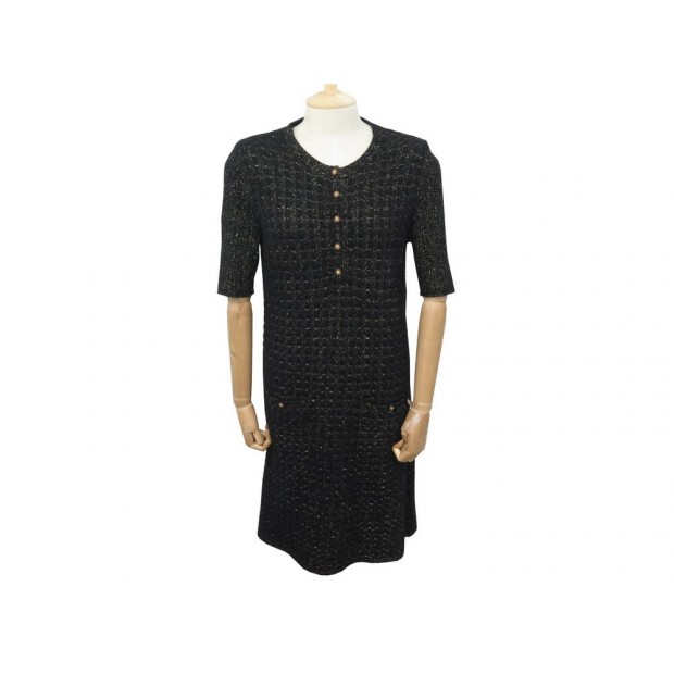 ROBE CHANEL P56993 TWEED BOUTONS TETE DE LION MANCHES 3/4 M 40 NOIR DRESS 8800€