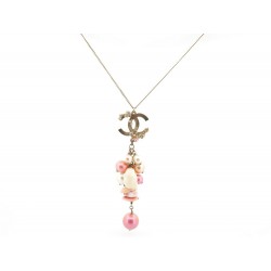 NEUF COLLIER CHANEL PENDENTIF LOGO CC COQUILLAGES ROSE METAL DORE NECKLACE 1100€