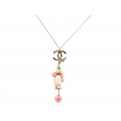 NEUF COLLIER CHANEL PENDENTIF LOGO CC COQUILLAGES ROSE METAL DORE NECKLACE 1100€
