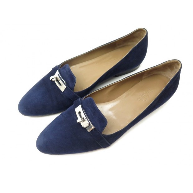 CHAUSSURES HERMES PEGASE 172091Z BOUCLES KELLY 38 EN DAIM BLEU FLAT SHOES 1040€