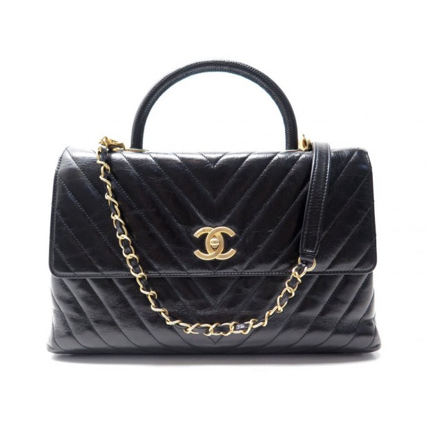 NEUF SAC A MAIN CHANEL COCO HANDLE GM BANDOULIERE EN CUIR CHEVRON NOIR BAG 5700€