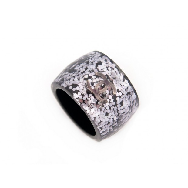 BAGUE CHANEL TAILLE 51 LOGO CC RESINE NOIR & PAILLETTES GLITTER RESIN RING 440€