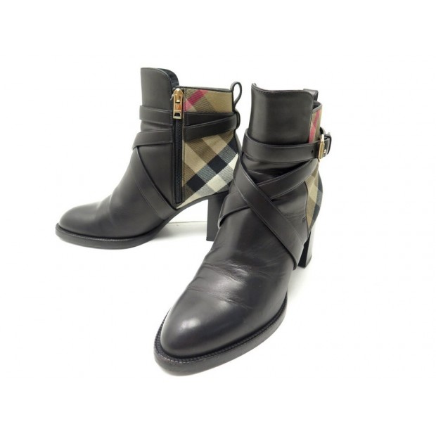 CHAUSSURES BOTTINES BURBERRY 37.5 HOUSE CHECK 80423681 TOILE ET CUIR BOOTS 690€