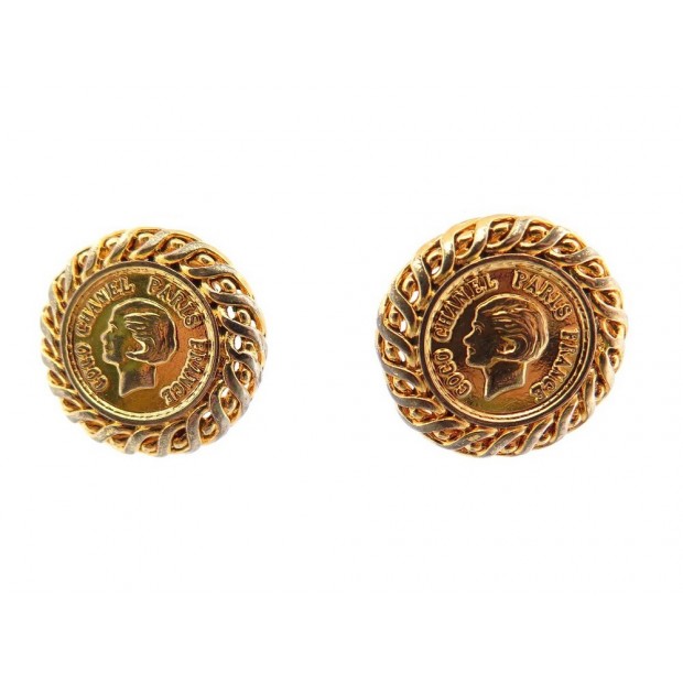 VINTAGE BOUCLES D'OREILLES CHANEL PORTRAIT COCO 1996 CLIP EN METAL DORE EARRINGS