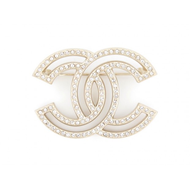 NEUF BROCHE CHANEL LOGO CC & STRASS A64746 EN METAL DORE NEW GOLDEN BROOCH 580€