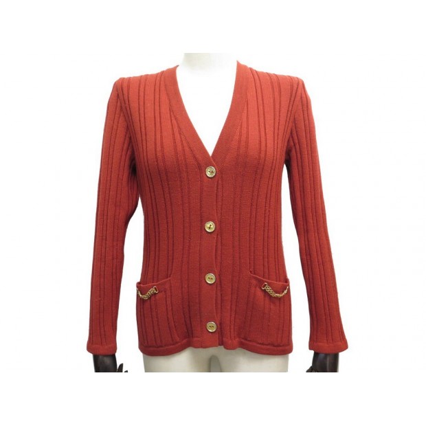 VINTAGE PULL CELINE GILET CARDIGAN M 40 LAINE ROUGE CHAINE TRIOMPHE WOOL 1190€