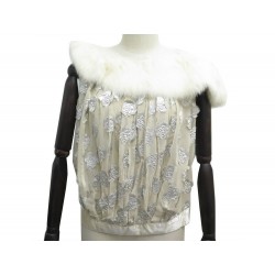 NEUF HAUT LOUIS VUITTON BLOUSE M 40 SOIE & COL FOURRURE DE LAPIN NEW TOP 1250€