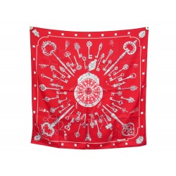 NEUF FOULARD HERMES LES CLES LATHAM CARRE 90 EN SOIE ROUGE BOITE SILK SCARF 410€