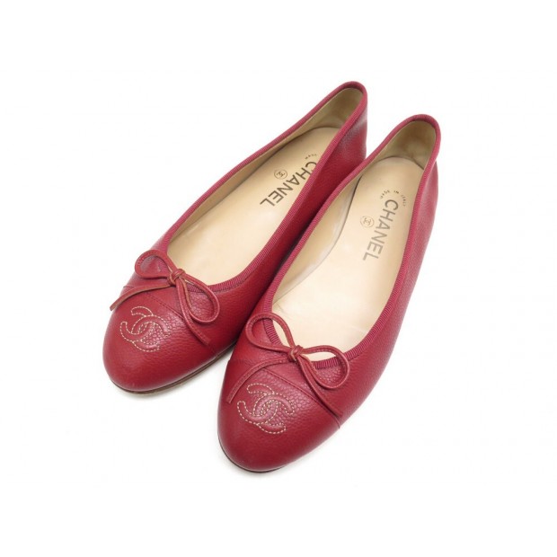 CHAUSSURES CHANEL BALLERINES LOGO CC 37.5 CUIR GRAINE ROUGE LEATHER SHOES 790€