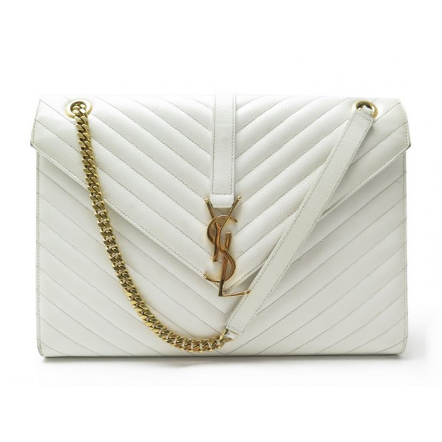 SAC A MAIN YVES SAINT LAURENT ENVELOPE LARGE CUIR MATELASSE BLANC HAND BAG 2250€