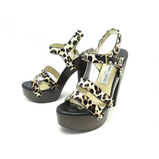 NEUF CHAUSSURES JIMMY CHOO SANDALES EN CUIR POULAIN LEOPARD 38 PUMP SHOES 725€