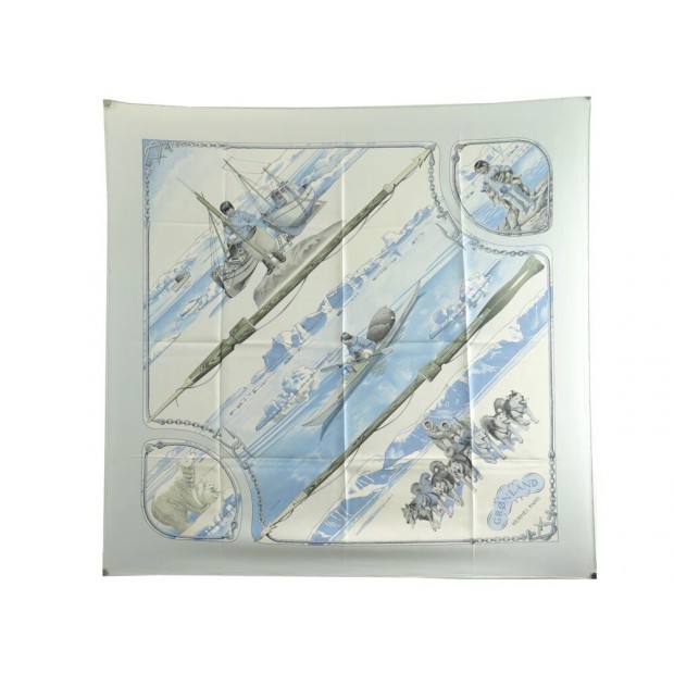 FOULARD HERMES GROENLAND CARRE 90 PHILIPPE LEDOUX EN SOIE BLEU SILK SCARF 410€