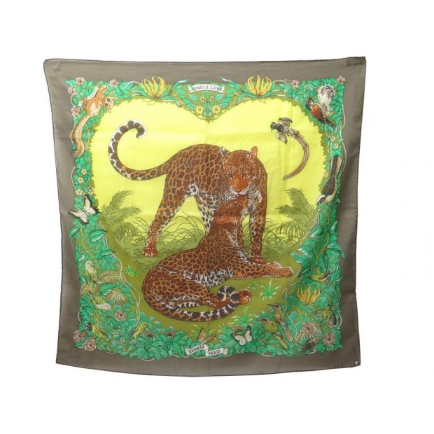 NEUF FOULARD HERMES JUNGLE LOVE CARRE 70 EN COTON VERT + BRELOQUE SCARF 305€