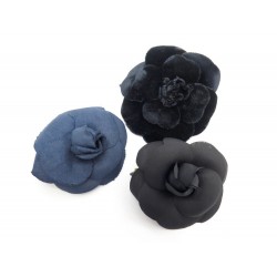 NEUF VINTAGE LOT DE 3 BROCHES CHANEL CAMELIA TOILE NOIR BLEU BOITE BROOCH 1320€