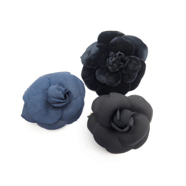 NEUF VINTAGE LOT DE 3 BROCHES CHANEL CAMELIA TOILE NOIR BLEU BOITE BROOCH 1320€