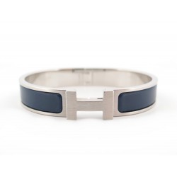 NEUF BRACELET HERMES CLIC H ACIER BROSSE & EMAIL BLEU MAT 19CM NEW BANGLE 575€