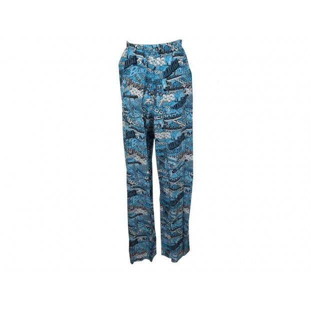 NEUF PANTALON BALENCIAGA LONG 527828 LOGO S 36 EN SOIE BLEUE NEW PANTS 1150€