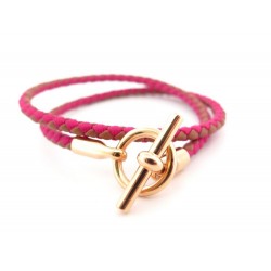 NEUF BRACELET HERMES GLENAN DOUBLE TOUR 16 CM EN CUIR ROSE ET MARRON JEWEL 290€