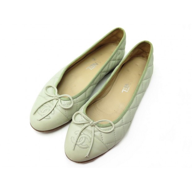 CHAUSSURES CHANEL BALLERINES LOGO CC G26250 36 EN CUIR MATELASSE VERT SHOES 820€