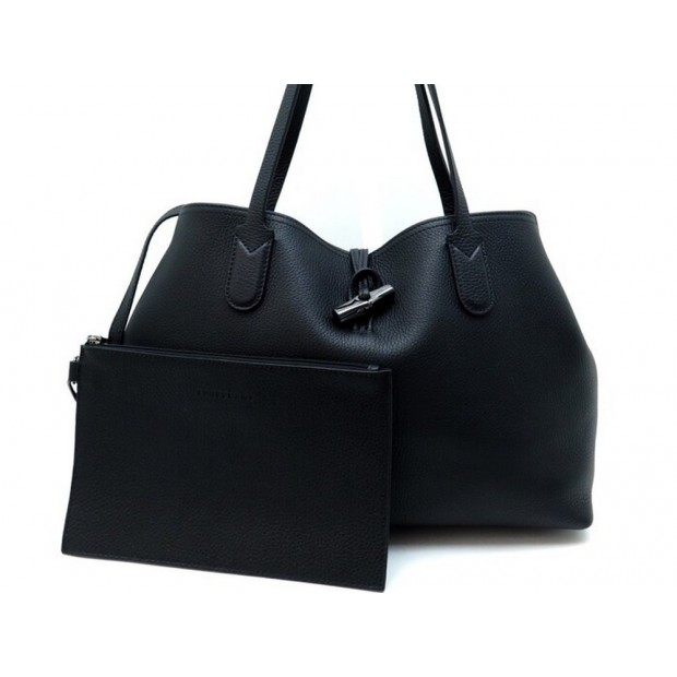 NEUF SAC A MAIN LONGCHAMP ROSEAU ESSENTIAL M + POCHETTE EN CUIR GRAINE NOIR 585€