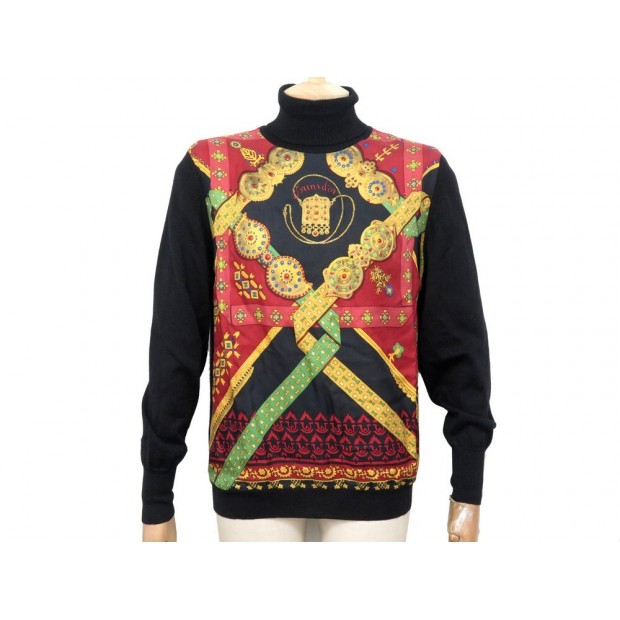 PULL HERMES COL ROULE FOULARD BRINS D'OR EN LAINE & SOIE L 44 NOIR SWEATER 2000€