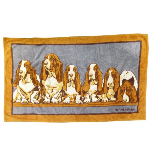 RARE DRAP DE PLAGE HERMES BASSET HOUND SERVIETTE BAIN COTON ORANGE BEACH TOWEL