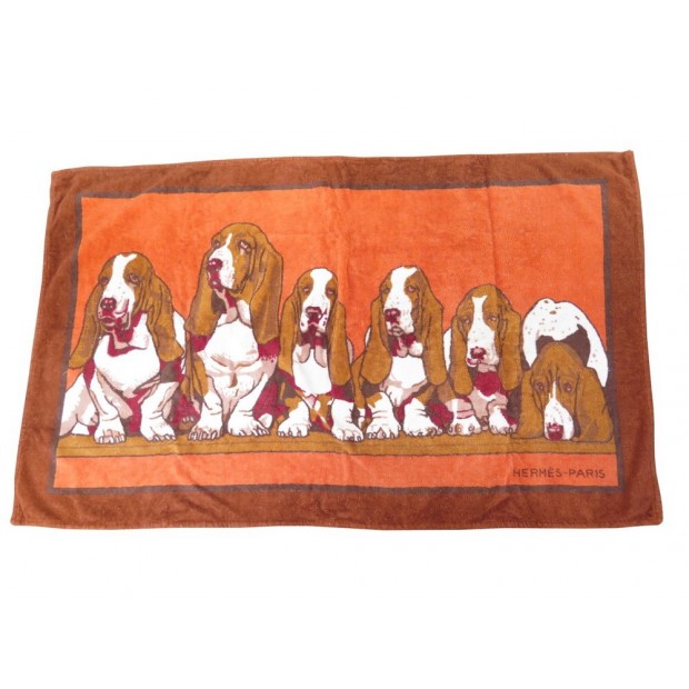 RARE DRAP DE PLAGE HERMES BASSET HOUND SERVIETTE BAIN COTON ORANGE BEACH TOWEL