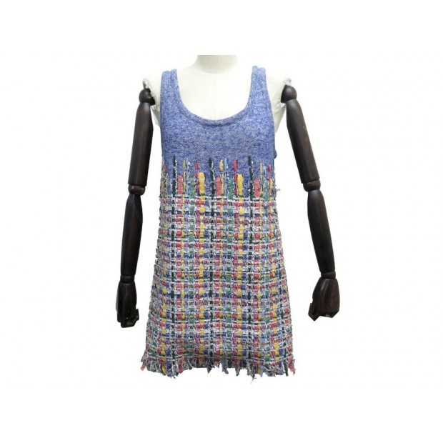 NEUF ROBE CHANEL COURTE DEBARDEUR P50987W05628 TWEED COTON BLEU L 42 DRESS 4890€