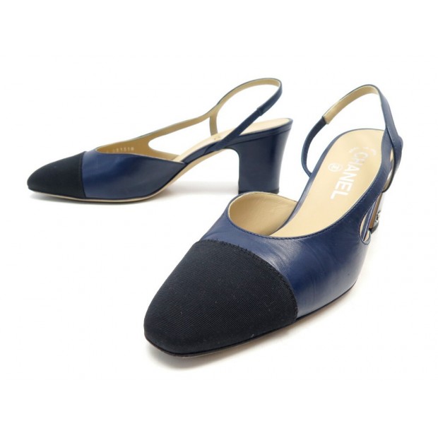 CHAUSSURES CHANEL ESCARPINS SLINGBACK G313318 37.5 CUIR BLEU MARINE SHOES 920€