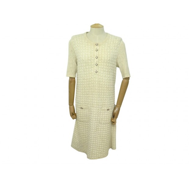 ROBE CHANEL P56993 TWEED BOUTONS TETE DE LION MANCHES 3/4 M 40 CREME DRESS 8800€