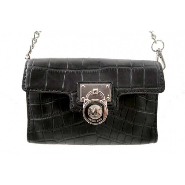 NEUF SAC A MAIN MICHAEL KORS POCHETTE CUIR FACON CROCO NOIR HAND BAG PURSE 975€