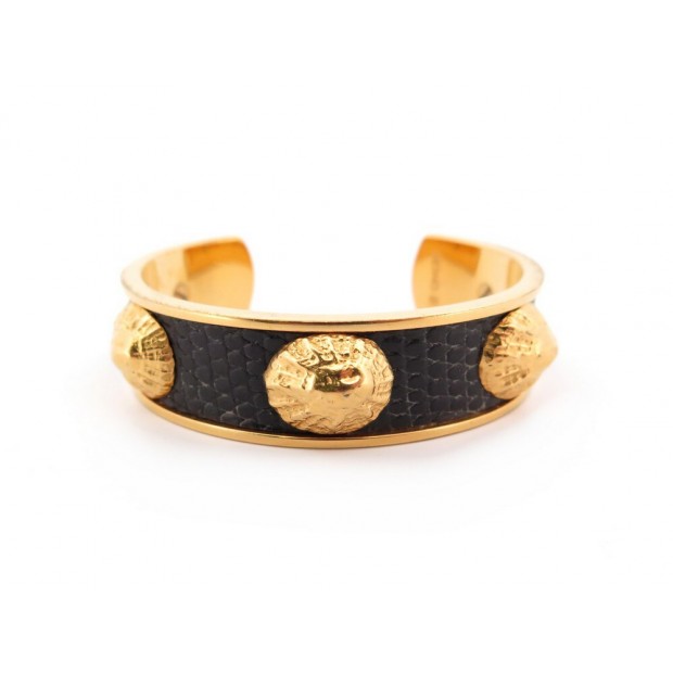 VINTAGE BRACELET HERMES 15CM CUIR DE LEZARD NOIR FINITION PLAQUE OR BANGLE 555€