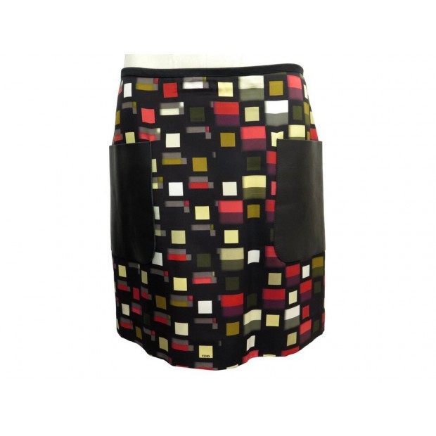 JUPE COURTE FENDI FQ6549 M 42IT 38FR EN SOIE NOIR & POCHES CUIR SILK SKIRT 890€