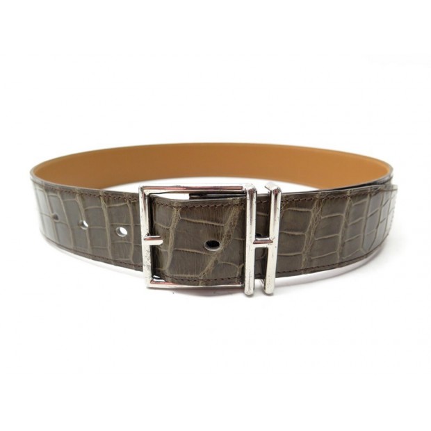 CEINTURE HERMES LARGE BOUCLE H TAILLE 75 EN CUIR CROCODILE KAKI LEATHER BELT