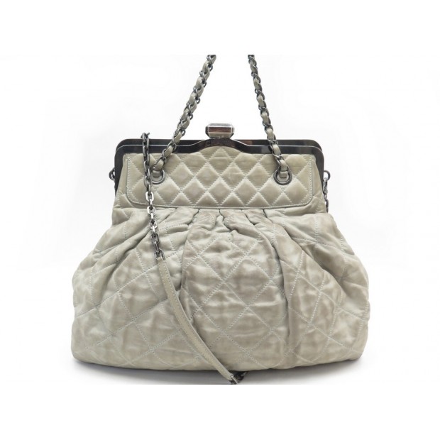 SAC A MAIN CHANEL FERMOIR MINAUDIERE EN CUIR GRIS BANDOULIERE HAND BAG 4600€