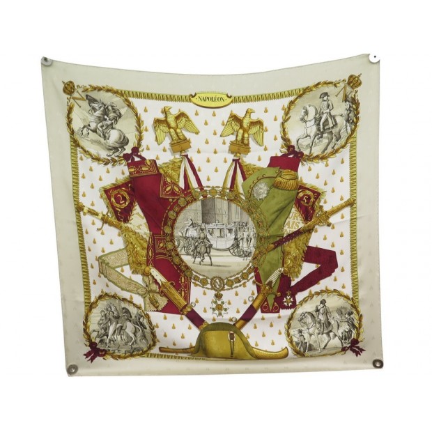 VINTAGE FOULARD HERMES NAPOLEON CARRE 90 EN SOIE BROCHEE CREME SILK SCARF 410€