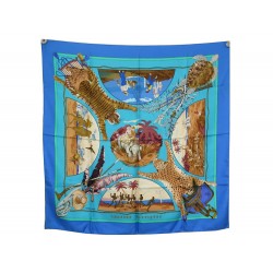 FOULARD HERMES CHASSES EXOTIQUES LEDOUX CARRE 90 EN SOIE BLEU SILK SCARF 410€