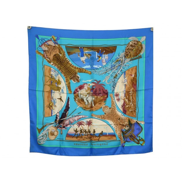 FOULARD HERMES CHASSES EXOTIQUES LEDOUX CARRE 90 EN SOIE BLEU SILK SCARF 410€