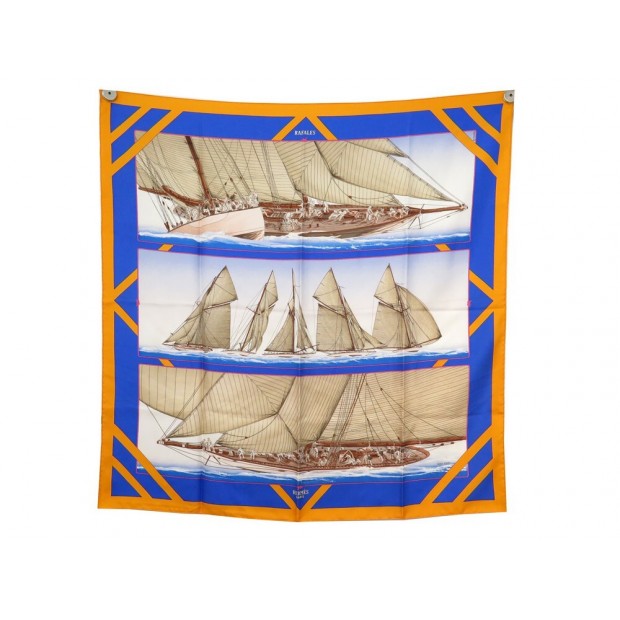 FOULARD HERMES RAFALES YANNICK MANIER CARRE 90 EN SOIE BLEU SILK SCARF 410€