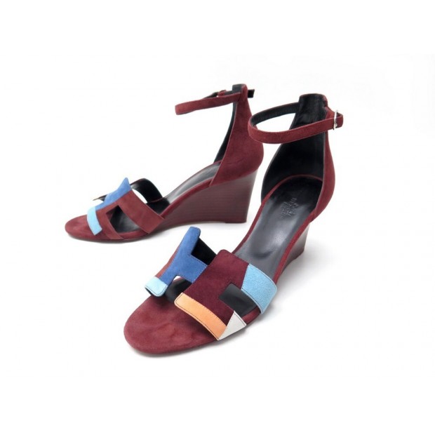 CHAUSSURES SANDALES LEGEND HERMES 39 TALONS COMPENSES DAIM BORDEAUX SHOES 675€