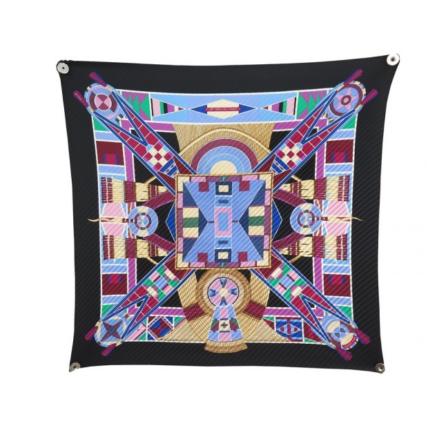 NEUF FOULARD PLISSE HERMES L'ART INDIEN DES PLAINES 90 CM SOIE NOIR SCARF 410€