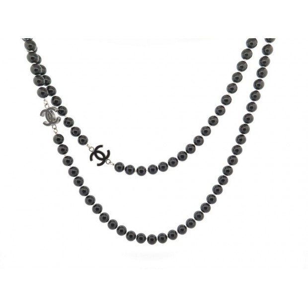 COLLIER CHANEL SAUTOIR PERLES NOIRES & LOGO C ARGENTE 200CM PEARL NECKLACE 1290€