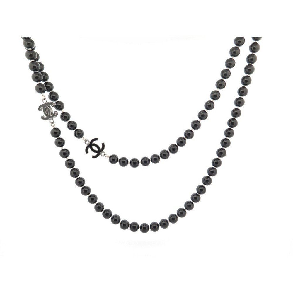 collier chanel sautoir perles noires logo c argente