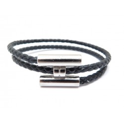 BRACELET HERMES TOURNIS ACIER ET CUIR TRESSE 18 NOIR + BOITE POCHON BANGLE 375€