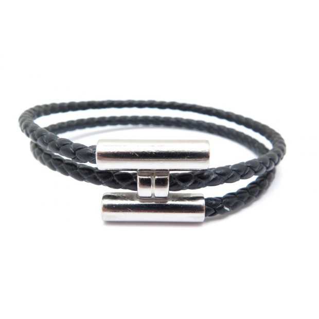 BRACELET HERMES TOURNIS ACIER ET CUIR TRESSE 18 NOIR + BOITE POCHON BANGLE 375€