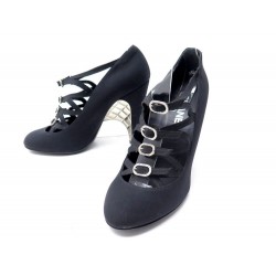 CHAUSSURES CHANEL 39 SANDALES A TALONS MATELASSES ARGENTE SATIN NOIR SHOES 1230€