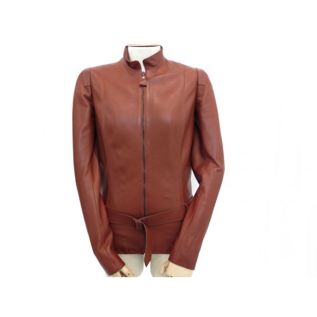 VESTE HERMES FEMME 36 S BLOUSON EN CUIR AGNEAU MARRON AVEC CEINTURE JACKET 4000€