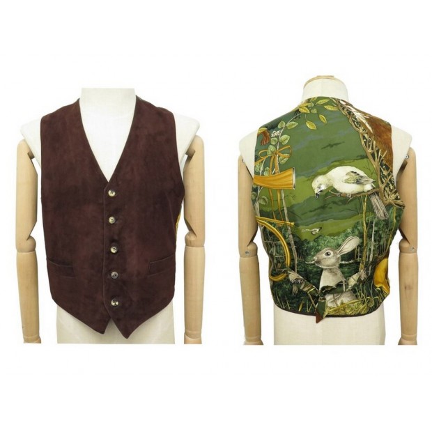 GILET HERMES L 52 CUIR AGNEAU & SOIE CHASSE AU BOIS CARRE SILK LEATHER VEST 740€