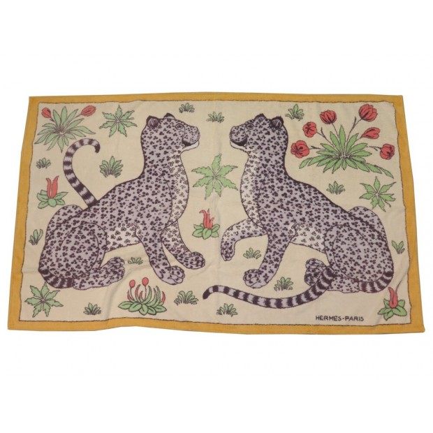 DRAP DE PLAGE HERMES LEOPARDS SERVIETTE DE BAIN EN COTON JAUNE BEACH TOWEL 475€